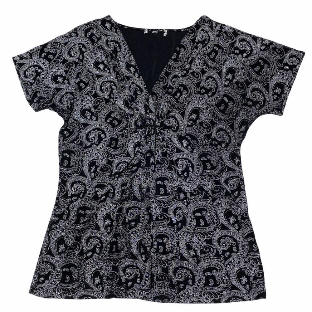 BLACK & Gray Paisley Printed V-Neck S/S Blouse